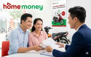 Khách hàng vui vẻ nhận giải ngân khi vay bằng đăng ký xe máy tại Home Money