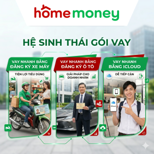 Đồ họa minh họa chi tiết về "Hệ sinh thái gói vay" của Home Money, cung cấp 3 giải pháp tài chính linh hoạt đáp ứng mọi nhu cầu: Vay nhanh bằng đăng ký xe máy: Giải pháp tiện lợi cho nhu cầu tiêu dùng hàng ngày. Vay nhanh bằng đăng ký ô tô: Nguồn vốn uy tín, giải pháp hoàn hảo cho doanh nhân. Vay nhanh bằng iCloud: Thủ tục đơn giản, cực kỳ dễ tiếp cận cho người dùng công nghệ. Lựa chọn ngay gói vay phù hợp tại Home Money để giải quyết nhanh chóng các vấn đề tài chính của bạn.