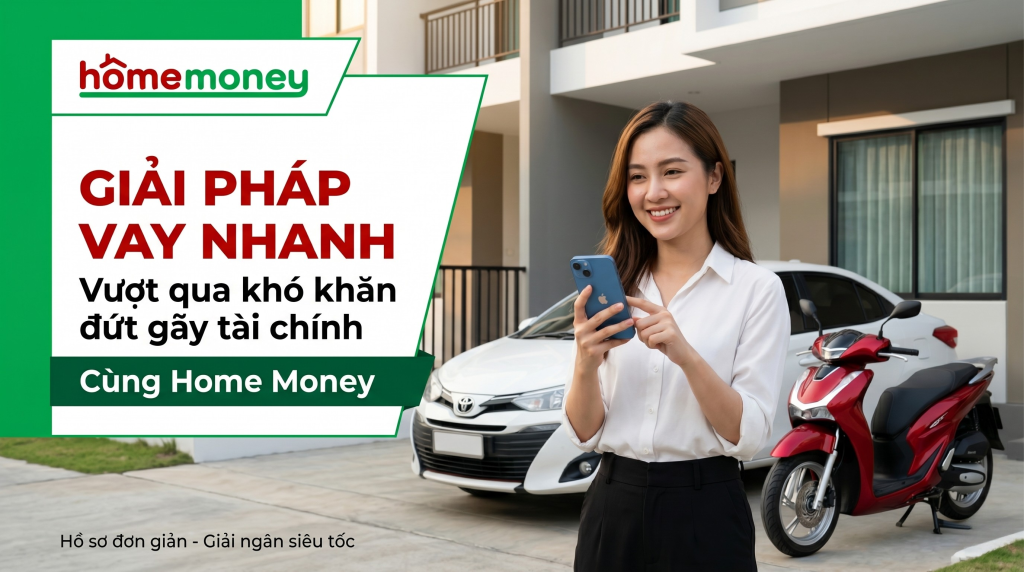 Khách hàng nữ mỉm cười sử dụng điện thoại đăng ký giải pháp vay nhanh qua iCloud và vay bằng đăng ký xe ô tô, xe máy tại Home Money. Dịch vụ uy tín giúp vượt qua khó khăn tài chính với hồ sơ đơn giản, giải ngân siêu tốc.