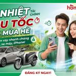Quảng cáo Home Money "Hạ nhiệt tài chính siêu tốc cho mùa hè". Hình ảnh một cặp đôi trẻ, hạnh phúc nhận khoản vay nhanh cho ô tô Toyota Vios, xe máy Honda SH và iPhone. Kèm văn bản "Vay nhanh chóng, đăng ký ngay".