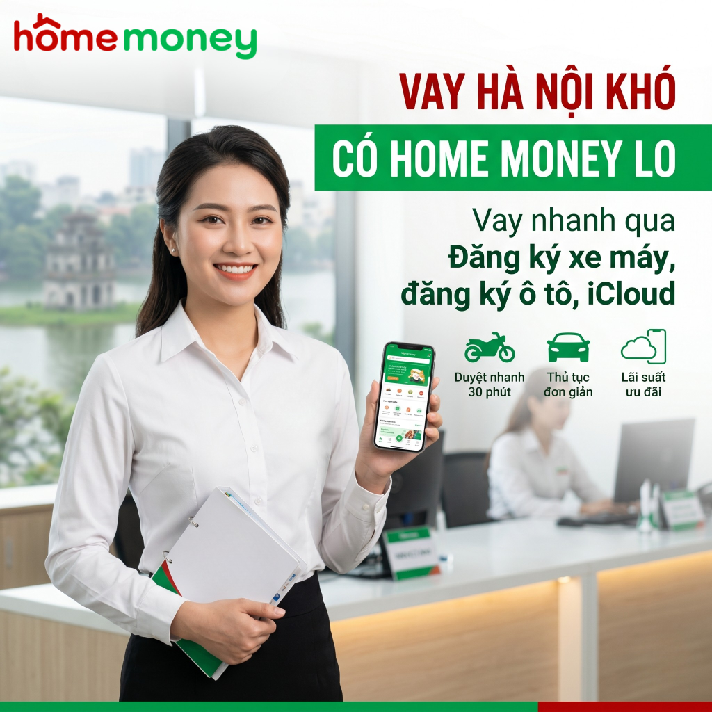 Nữ chuyên viên Home Money giới thiệu dịch vụ vay nhanh Hà Nội an toàn, hỗ trợ vay qua đăng ký xe máy và vay qua đăng ký ô tô với thủ tục đơn giản.
