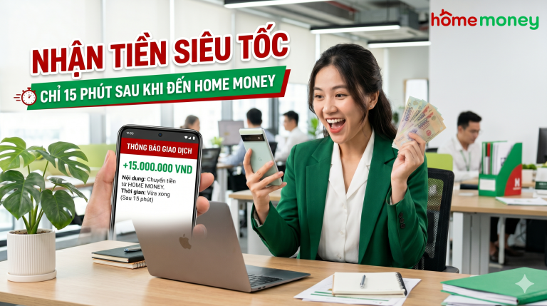 Hình ảnh nữ nhân viên văn phòng Việt Nam vui sướng nhận tiền mặt siêu tốc sau 15 phút khi vay tại home money